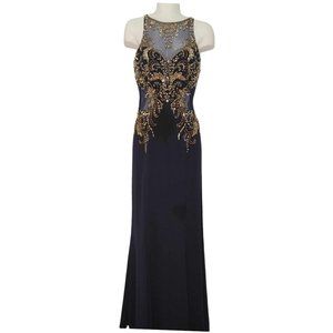 Sleeveless Jersey Navy Blue  Party Dress With Beading And Pleats